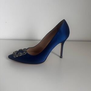 Manolo Blahnik Hangisi Blue Satin Jewel Pumps
